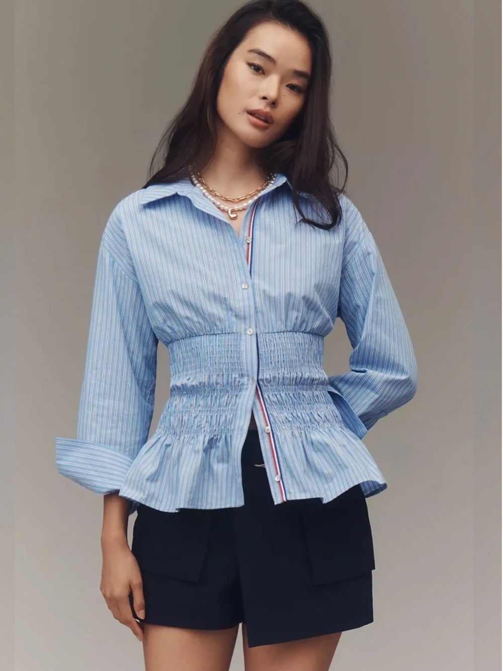 Maeve Blue Striped Smocked Button-Up